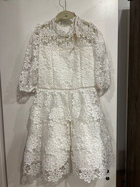 Kids White Lace Formal Dress with Scalloped Hem